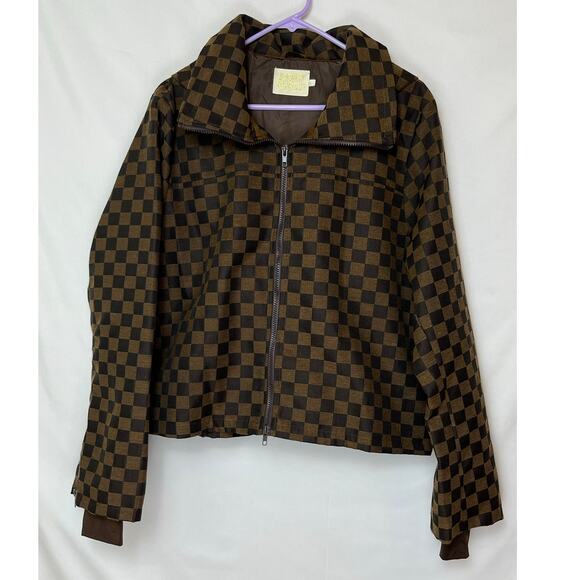 Judith March Womens Large Brown Checked Hooded Full 2 Way Zip Long Sleeve Jacket - Picture 1 of 9